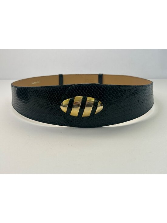 Laura Lei Accessories - Laura Lei Sm Green Shiny Genuine Snake Skin Belt Gold Oval Buckle Retro 80s 90s